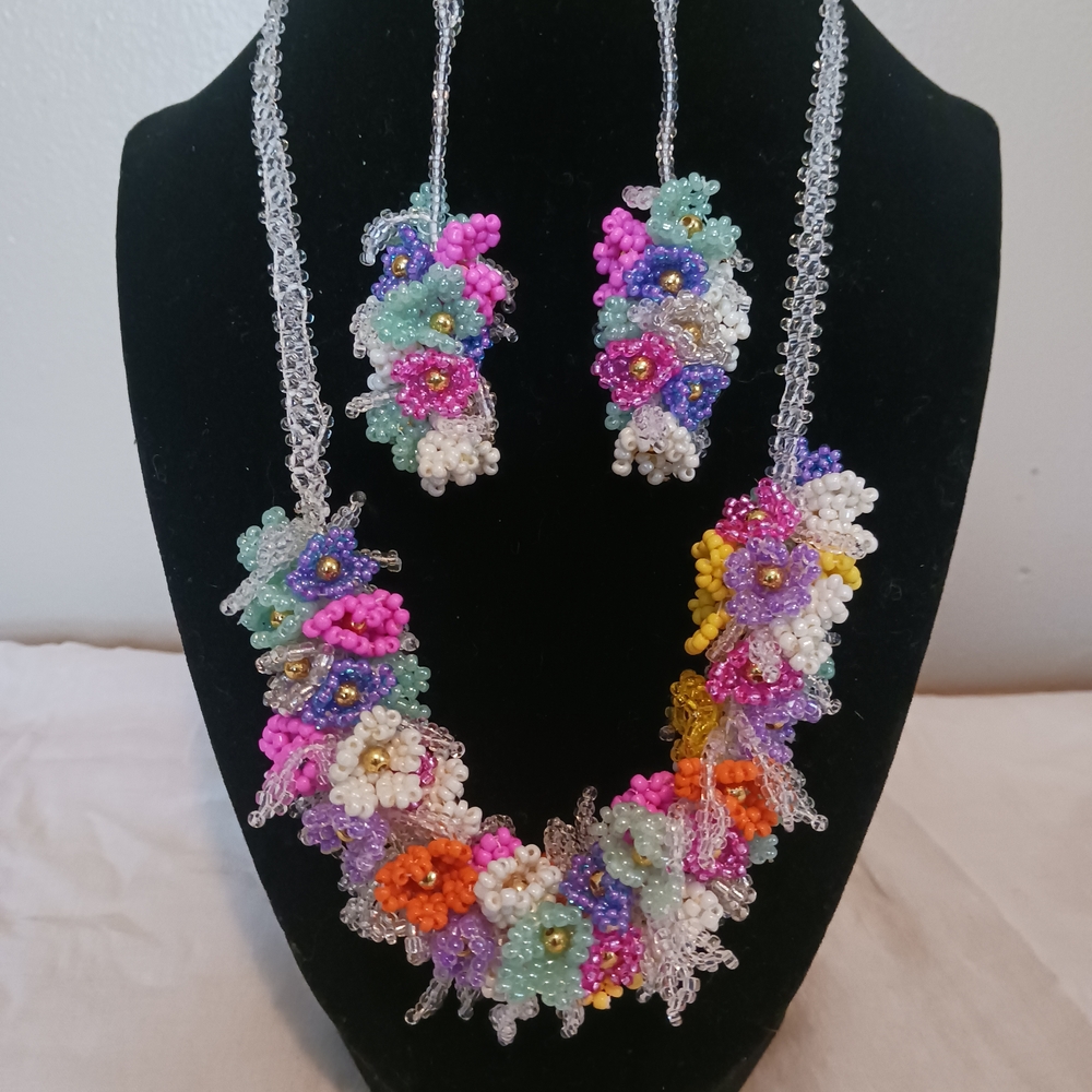 Floral Beaded Necklace and Earring Set